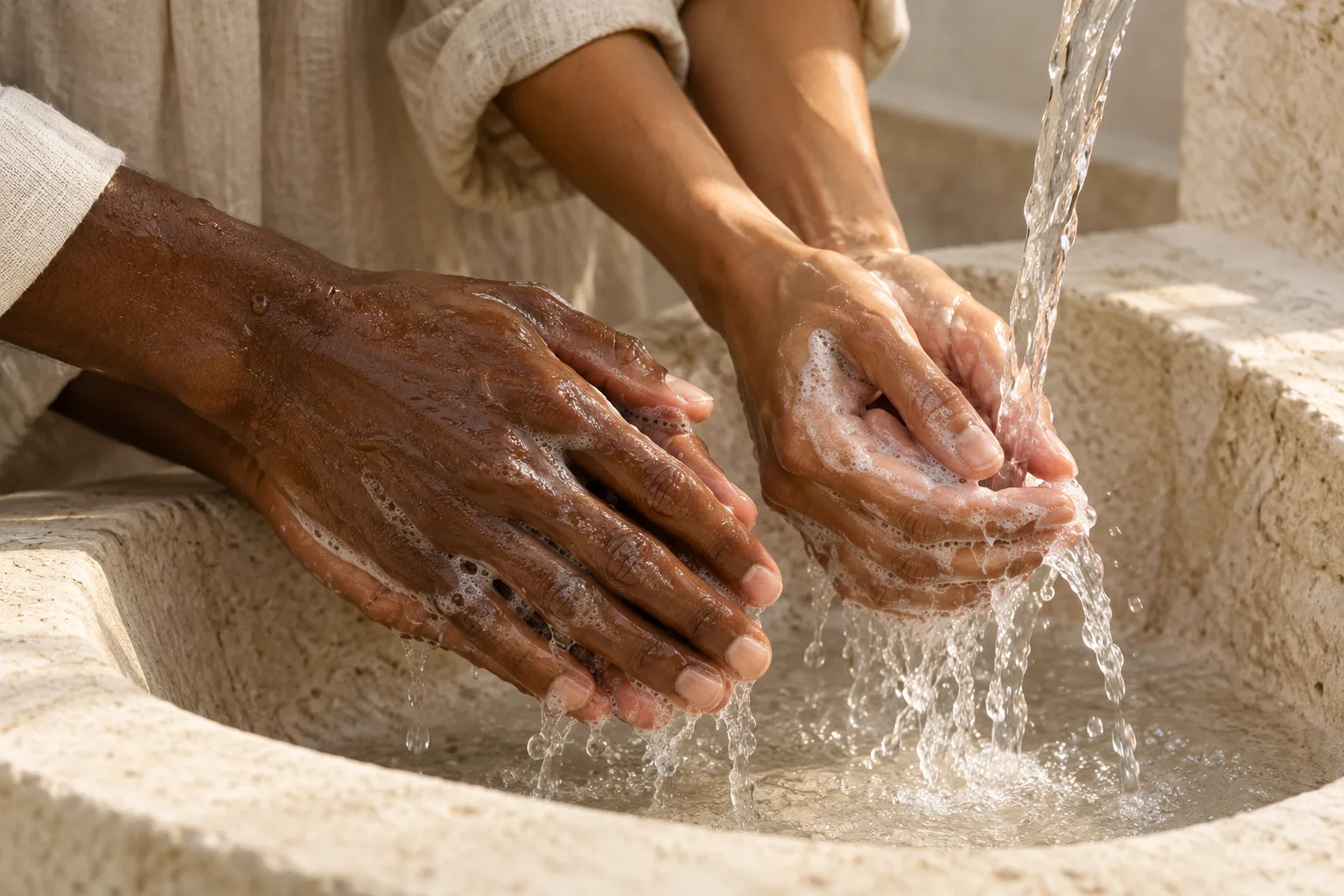 Water, warm stone and botanical textures in natural light