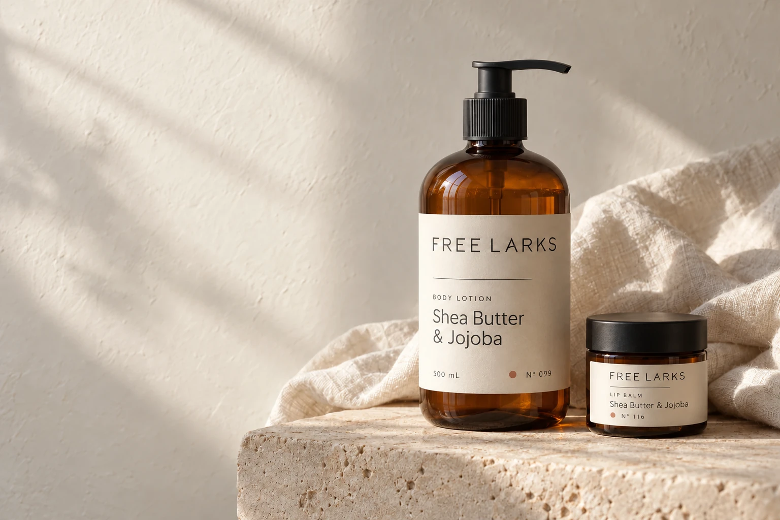 Free Larks personal care on sunlit stone beside natural linen